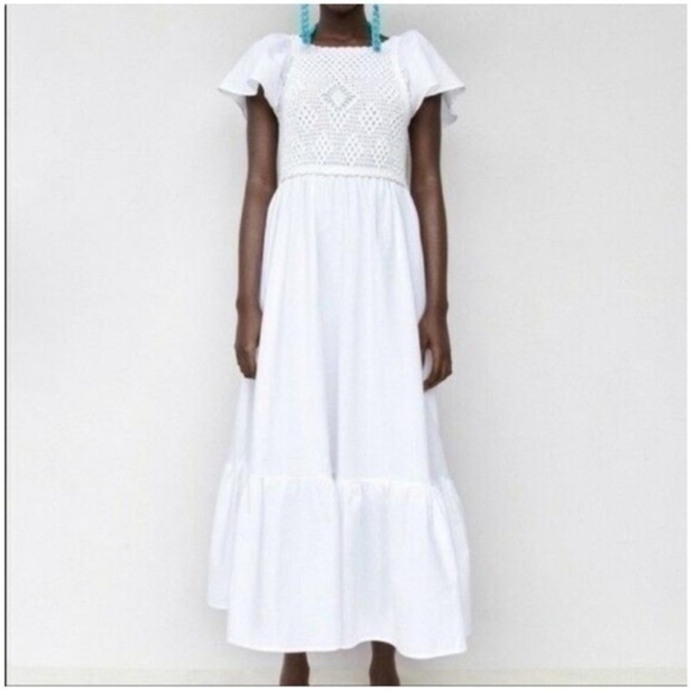 Zara White Linen-cotton Crochet-front Backless Dress